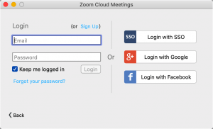Zoom application login screen.