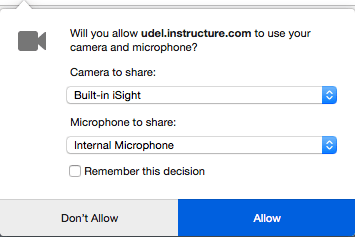 Browser prompt to select webcam, microphone, and grant permission.