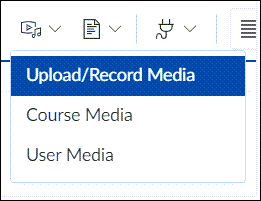 screenshot showing the canvas rich content editor toolbar with the upload record media dropdown