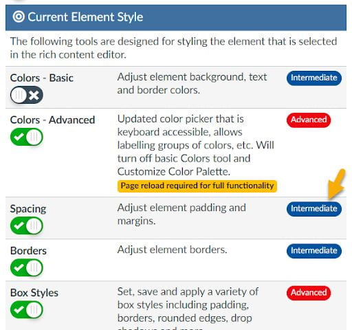 screenshot showing DesignPUS Content Editor Toolbox settings showing element styles with comfort level