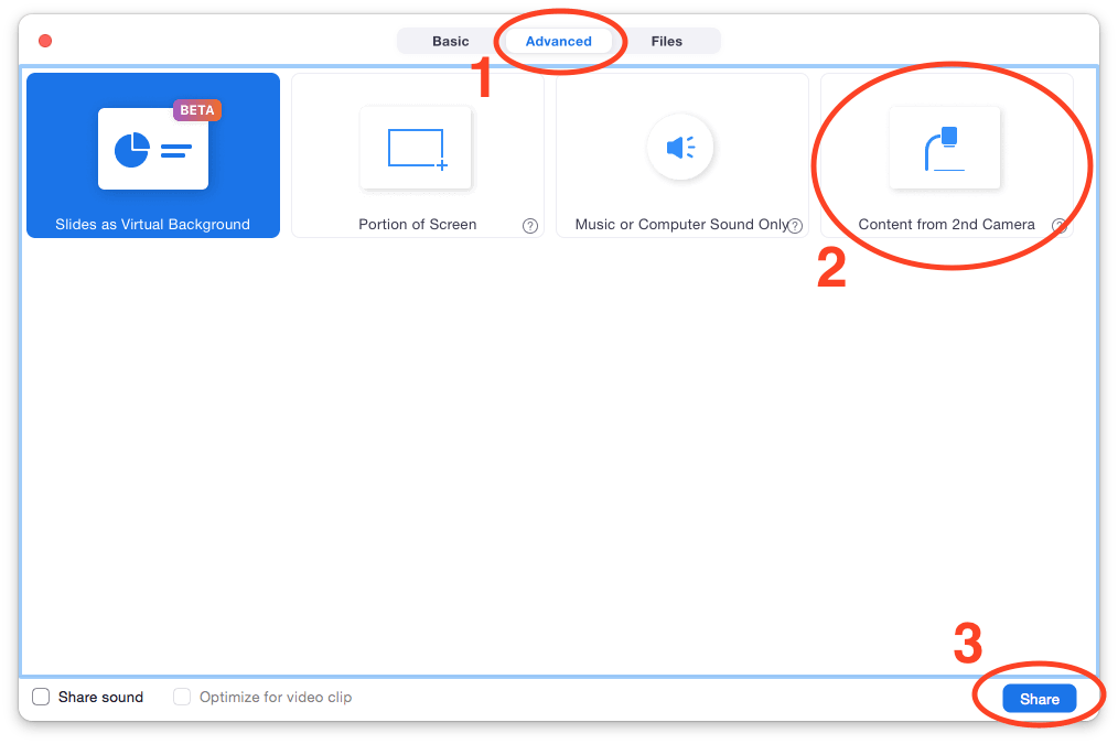 Zoom Share window with Advanced tab selected and Content from 2nd Camera icon circled.