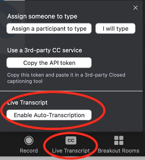 screenshot showing Zoom live transcript popup with the enable auto-transcription button
