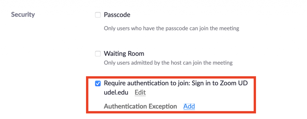 Zoom Meeting Authentication setting
