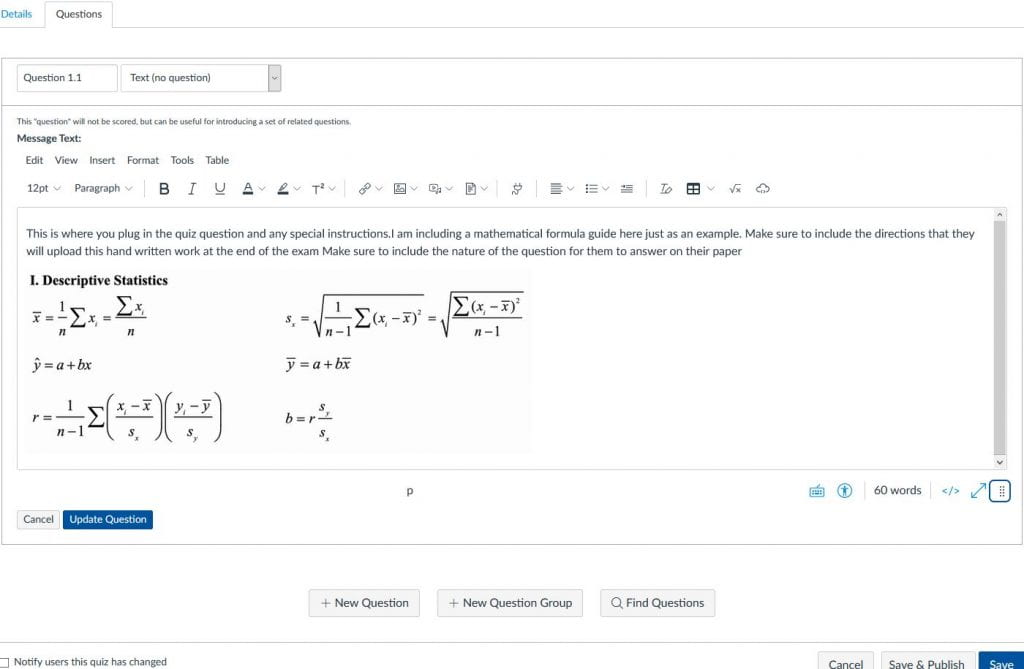 screenshot showing how to edit and update quiz questions in Respondus