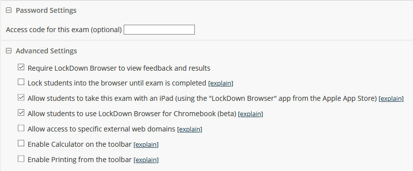screenshot of LockDown Browser Advanced Settings options