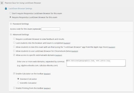 screenshot of LockDown Browser advanced settings