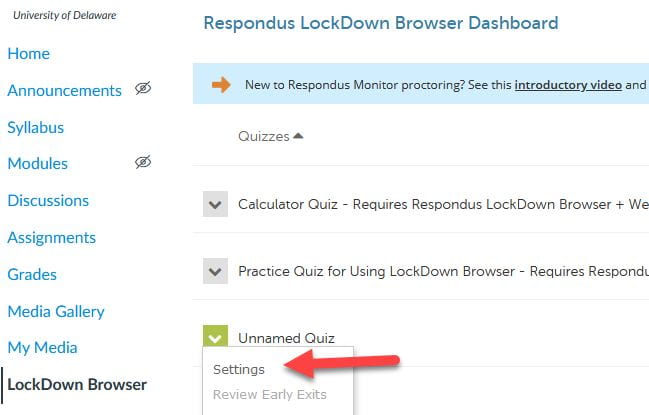 screenshot showing how to access LockDown Browser settings in Canvas