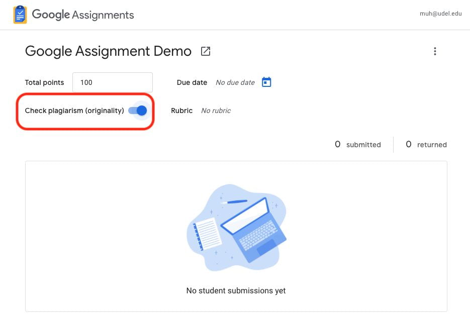 screenshot showing how to turn on originality reports for a Google assignment