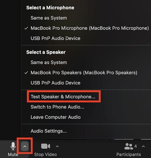 screenshot showing how to test speakers and microphone in Zoom