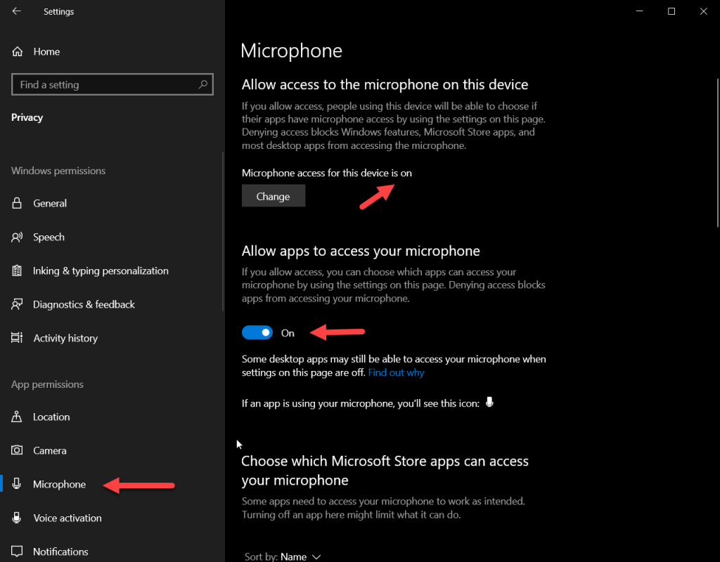 screenshot showing how to allow access to your microphone in Windows