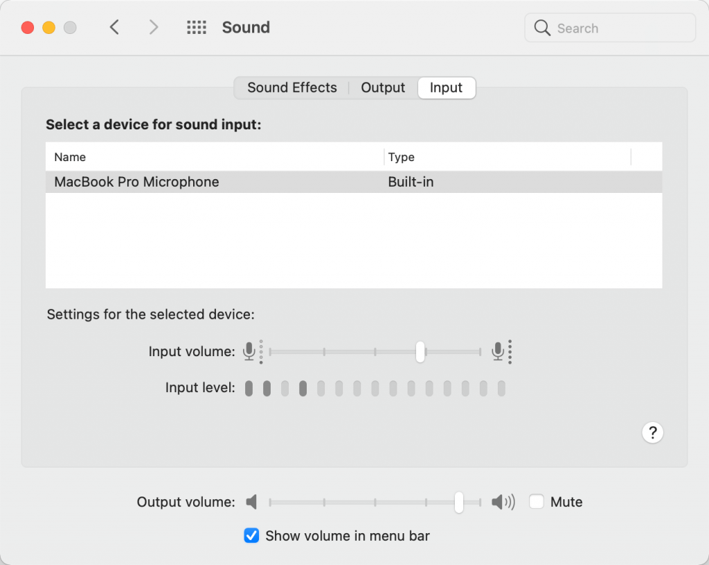 screenshot showing sound input settings on macOS