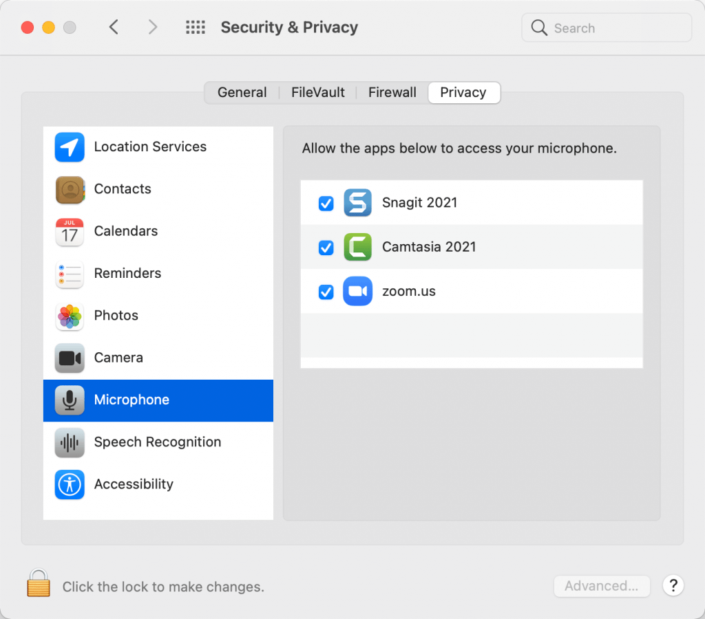 screenshot showing how to allow apps to access your microphone in macOS
