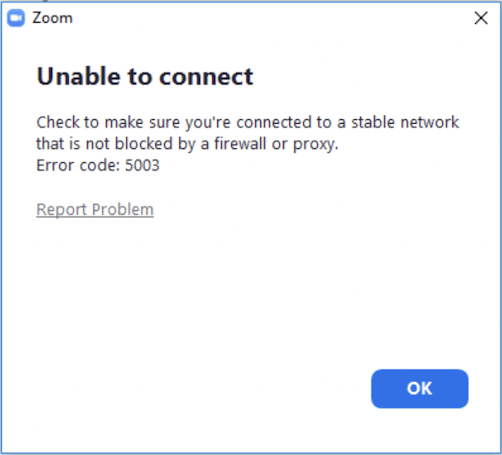 screenshot of Zoom 5003 error message