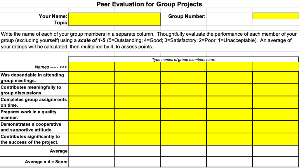 attachment for peer evaluation for group projects